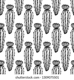 Dotwork Cactus Seamless Pattern. Vector Illustration of Tattoo Hand Drawn Sketch.