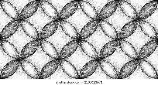 Dotwork circles seamless pattern background. Sand grain effect. Black noise stipple dots texture. Abstract noise dotwork shapes. Round black grain dots spheres pattern. Stipple circles texture. Vector