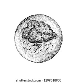 Dotwork Cloud Thunder Lightning. Vector Illustration of T-shirt Design. Tattoo Hand Drawn Sketch.