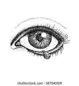 Dotwork Crying Eye. Vector Illustration Of Human Vision And Tear Drop. Tattoo Hand Drawn Sketch.