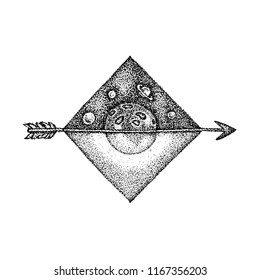 Dotwork Day Night. Vector Illustration of T-shirt Design. Tattoo Hand Drawn Sketch.