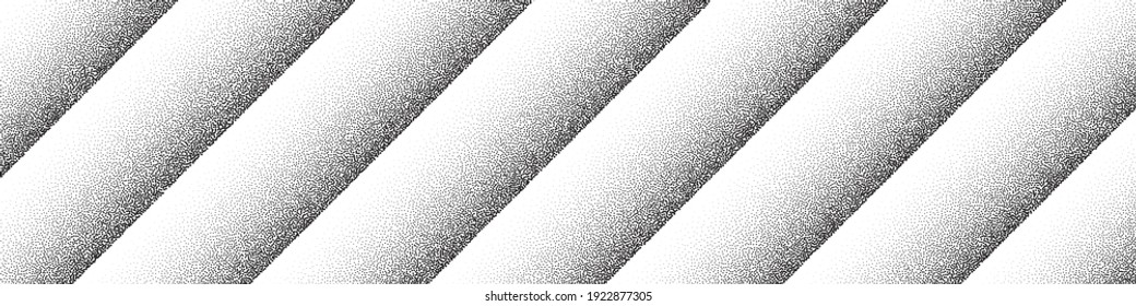 Dotwork diagonal stripes pattern vector background. Black noise stipple dots. Sand grain effect. Black dots grunge banner. Abstract noise dotwork pattern. Stipple strokes. Dotted vector background.