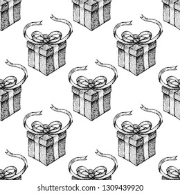 Dotwork Gift Box Seamless Pattern. Vector Illustration of Tattoo Hand Drawn Sketch.