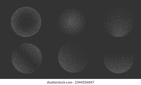 Dotwork grain noise gradient circles. Pointillism gradient pattern on dark background. Radial stochastic grange texture set. Dotwork stipple halftone effect. Dotted sphere, stipple element. Vector