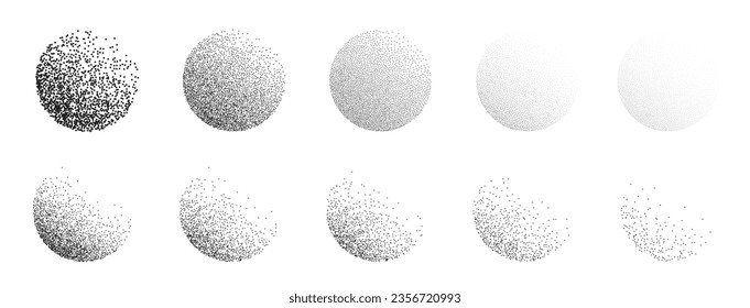 Dotwork grain noise gradient circles. Pointillism gradient pattern. Radial stochastic grange texture. Dotwork stipple halftone effect for tattoo. Dotted sphere, stipple element. Vector background