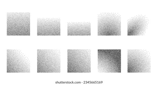 Cuadrados de gradiente de ruido de grano de dotwork. Patrón de gradiente de puntillismo. Textura de grano estocástico. Efecto semitónico de estiramiento de arena para el tatuaje. Cuadrado punteado, elemento stipple. Fondo vectorial.