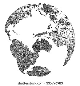 Dotwork Halftone 3D Earth Planet. Engraving Vector Illustration. World Globe concept.