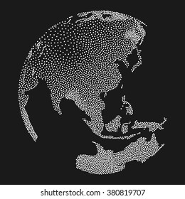 Dotwork Halftone 3D Earth Planet. Engraving Earth Vector Illustration. World Globe Dotwork concept on black background