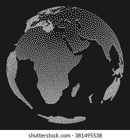 Dotwork Halftone 3D Earth Planet. Engraving Earth Vector Illustration. World Globe Dotwork concept on black background
