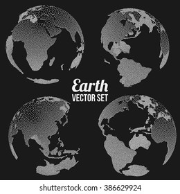 Dotwork Halftone 3D Earth Planet Set. Engraving Earth Vector Illustration. World Globe Dotwork Travel concept on black background