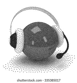 Dotwork Halftone 3D Orb with Headset. Engraving Vector Illustration. Support concept.