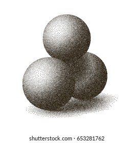 Dotwork Halftone 3D Spheres. Vintage Engraved Balls with Shadows. Vector Illustration isolated on White Background.