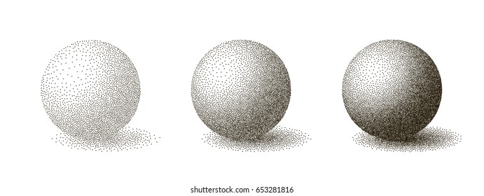 Esferas 3D de semitonos de tejido. Bolas antiguas grabadas con sombras. Ilustración vectorial aislada en fondo blanco.