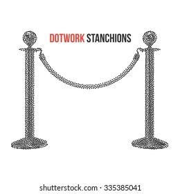 Dotwork Halftone 3D Stanchions with Rope. Engraving Vector Illustration. Barrier, enclosed VIP area, Protected Enterance, Private Event, Luxury Gala Concept.