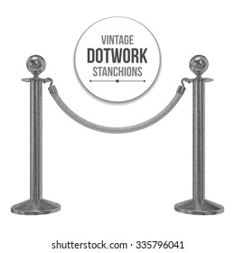Dotwork Halftone 3D Stanchions with Rope. Engraving Vector Illustration. Barrier, enclosed VIP area, Protected Enterance, Private Event, Luxury Gala Concept.