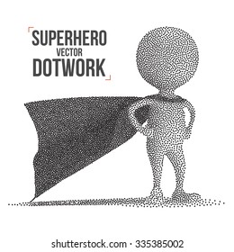 Dotwork Halftone 3D Superhero with Cloak. Engraving Vector Illustration. Brave concept.
