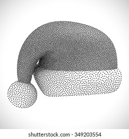 Dotwork Halftone Banner with Santa Claus Hat. Engraving Vector Illustration On White.