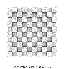 Dotwork Halftone low poly style geometrical boxes. Engraving Vector Illustration.