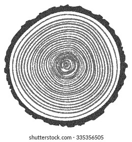 Dotwork Halftone Tree Rings Background.Engraving Vector Illustration.  Saw Cut Tree Trunk. 