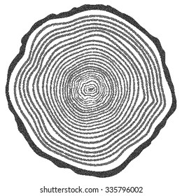 Dotwork Halftone Tree Rings Background.Engraving Vector Illustration.  Saw Cut Tree Trunk. 