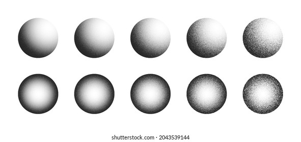Dotwork Hand Drawn Stippled 3D Spheres Vector Abstract Shapes Set In Different Variations Isolated On White Background. Various Degree Black Noise Stipple Dots Balls Design Elements Collection