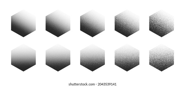 Dotwork Hand Drawn Stippled Hexagon Vector Abstract Shapes Set In Different Variations Isolated On White Background. Various Degree Black Noise Dotted Hexagonal Design Elements Collection