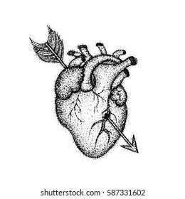 Dotwork Heart with Arrow. Vector Illustration of Boho Style T-shirt Design. Hipster Tattoo Hand Drawn Sketch.