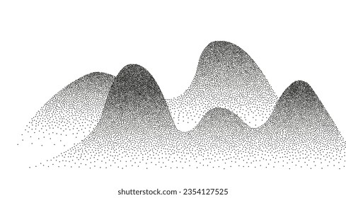 Dotwork hills grain pattern. Grainy mountain with dotted noise and grunge texture. Landscape and terrain in dotwork style. Stippled gradient mountains. Noisy stochastic background Pointillism texture
