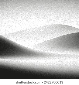 Dotwork hills, nature grain pattern. Abstract white ocean wave background. Mountain landscape, dot grunge effect. Noise halftone gradient smooth texture. Stipple style duotone pointillism terrain land