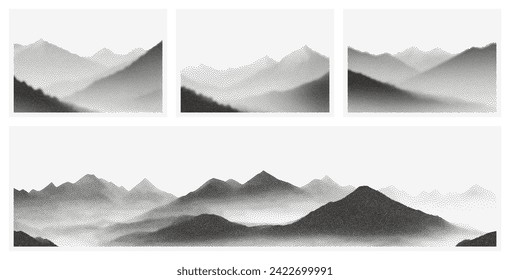 Colinas de dotwork, patrones de granos naturales. Resumen de fondo blanco negro. Paisaje de montaña, efecto de grano de punto. Textura de degradado de medio tono de ruido. Estimulador estilo duotone pointillismo terreno rock