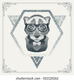Dotwork hipster Panther with glasses and tie. Halftone abstract geometric modern hipster character. Vector stock illustration.