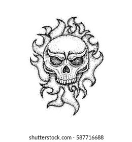 Dotwork Human Skull with Fire. Vector Illustration of Boho Style T-shirt Design. Hipster Tattoo Hand Drawn Sketch.