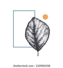 Dotwork leaf.  Designation for eco-friendly products, or products made from natural ingredients, minimalist composition for packaging design.