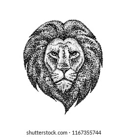 Dotwork Lion Face. Vector Illustration of T-shirt Design. Tattoo Hand Drawn Sketch.