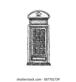 Dotwork London Telephone Box. Vector Illustration of Old Style T-shirt Design. Hipster Tattoo Hand Drawn Sketch.