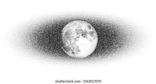 Dotwork Moon night pattern vector background. Sand grain effect. Black noise stipple dots satellite. Abstract noise dotwork pattern. Black dots Moon night banner. Stipple circles. Dotted vector.