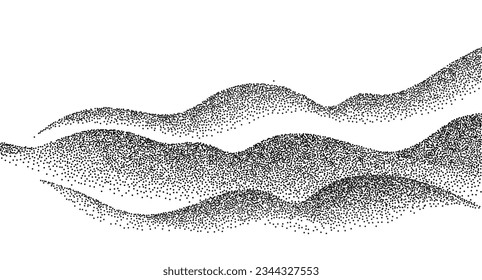 Dotwork mountain grain pattern. Grainy hill with dotted noise and grunge texture. Landscape and terrain in dotwork style. Stippled gradient mountains. Noisy stochastic background Pointillism texture