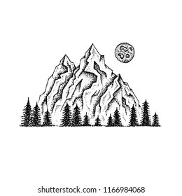 Dotwork Mountain Landscape. Vector Illustration of T-shirt Design. Tattoo Hand Drawn Sketch.