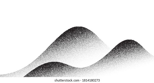 Dotwork mountain pattern vector background. Black noise stipple dots. Sand grain effect. Dots grunge banner. Abstract noise dotwork pattern. Stipple circles. Stochastic dotted vector background.