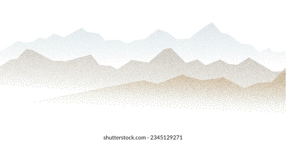 Dotwork mountain range grain colored pattern. Dotted noise, grunge texture landscape. Stippled gradient mountains. Grainy hill in dotwork style. Noisy stochastic background Pointillism texture