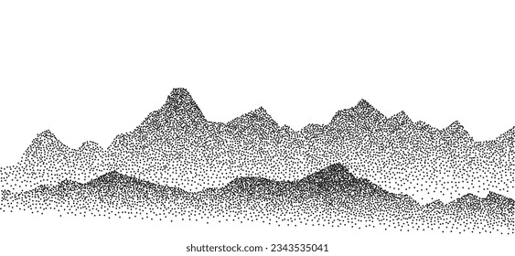 Dotwork mountain range grain pattern. Dotted noise, grunge texture landscape and terrain. Stippled gradient mountains. Grainy hill in dotwork style. Noisy stochastic background Pointillism texture