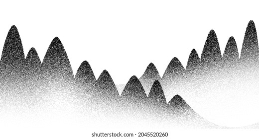 Dotwork mountain trees vector background. Black noise stipple dots hills. Sand grain effect trees. Dots grunge banner. Abstract noise dotwork pattern. Stipple circles hills. Dotted mountain vector.