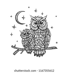 Dotwork Night Owls. Vector Illustration of T-shirt Design. Tattoo Hand Drawn Sketch.