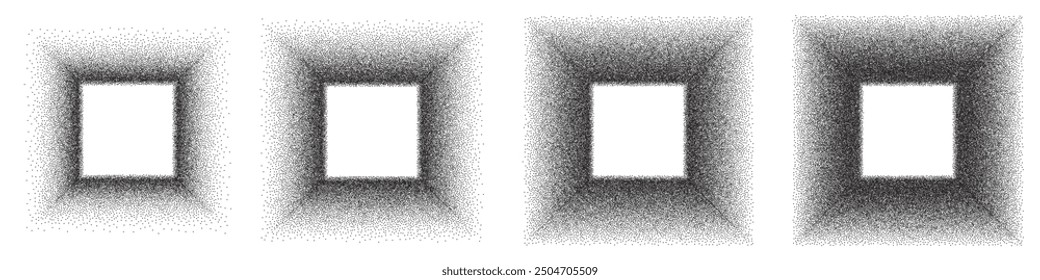 Gradiente de ruido de red marcos cuadrados negros aislados sobre fondo blanco. Conjunto de patrones de efecto de ruido de grano punteado de arena. Abstractas Gradientes grunge hechos de colección de puntos.