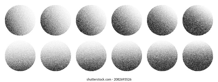 Dotwork noise gradient circles. Sand grain effect. Black noise stipple dots patterns. Abstract grunge dotwork gradients. Black grain dots elements. Stipple circles. Dotted vector set.