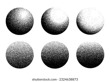 Dotwork noise gradient circles. Sand grain effect. Black noise stipple dots patterns. Abstract grunge dotwork gradients. Black grain dots elements. Halftone circles. Dotted vector set