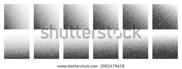 Dotwork\
noise gradient squares. Sand grain effect. Black noise stipple dots\
patterns. Abstract grunge dotwork gradients. Black grain dots\
elements. Stipple circles. Dotted vector\
set.