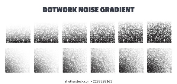 Dotwork noise gradient vector background set. Black noise stipple dots. Sand grain effect. Abstract grunge spray banner