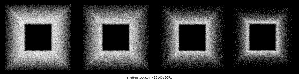 Dotwork noise gradient white square frames isolated on black background. Sand stipple grain noise effect patterns set. Abstract grunge gradients made of dots collection.
