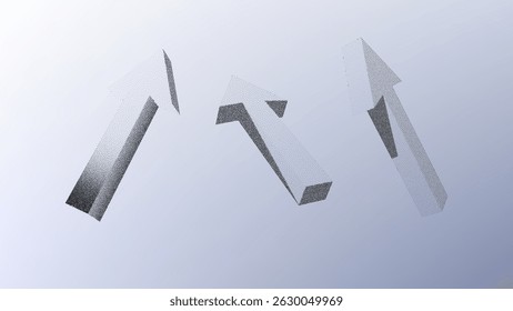 Dotwork pattern arrow symbol. Black noise stipple dots arrows sign. Sand grain effect. Black dots grunge banner, poster. 3d symbol from different angles. Grainy gradient noise dotwork pattern.